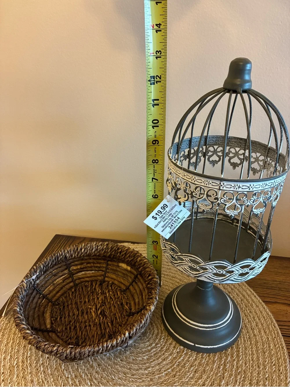 Hobby Lobby Decor Set of 2 Charcoal Gray/White Birdcage & Dark Brown Tray/Basket